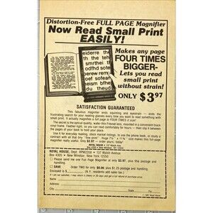 Royal House -Distortion Free FULL-PAGE Reading Magnifier- Vintage Print Ad 1983